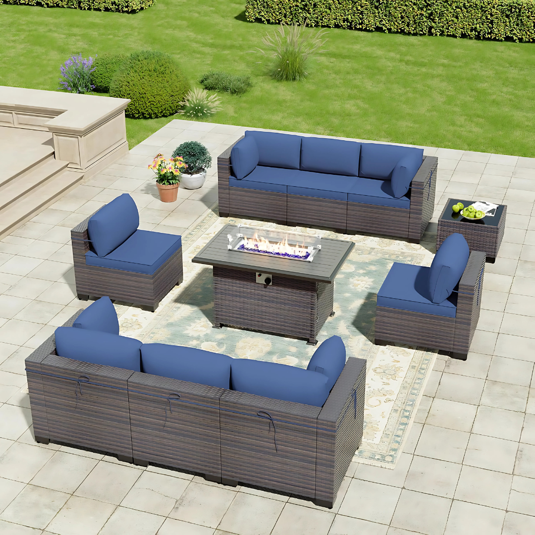 9-Seater Outdoor Rattan Sofa Set with Fire Pit Table
